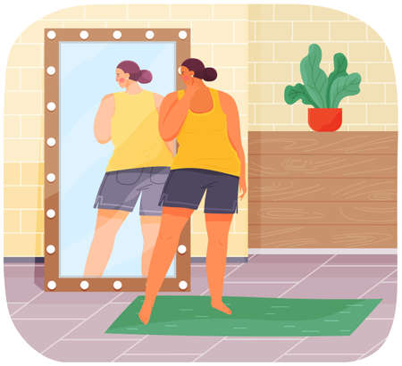 Woman in sportswear looking at reflection in mirror. Unhappy plump girl standing in front of mirrorのイラスト素材