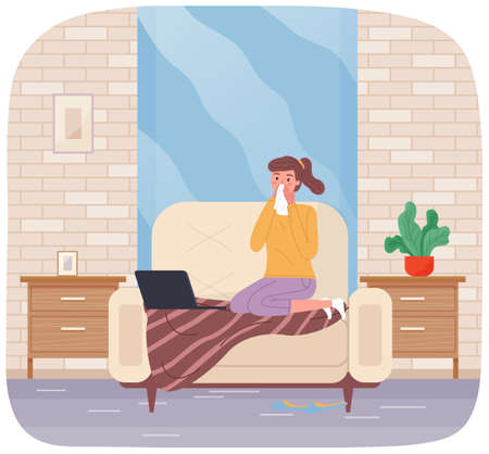 Sick girl on self-isolation is working freelance. Woman having cold is sitting on sofa with laptopのイラスト素材
