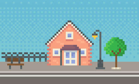 House surrounded by green spaces and plants. Building with many windows for pixel game designのイラスト素材