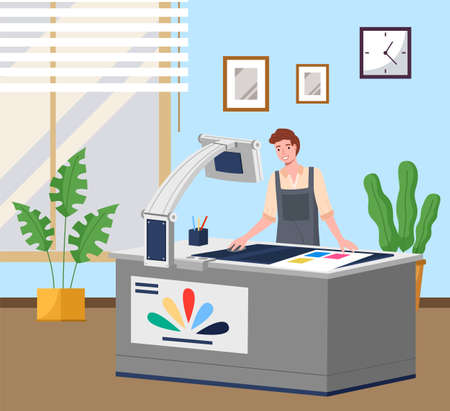 Man printing at plotter wide format. Printshop and polygraphy office worker. Typography concept