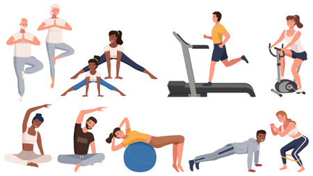 Sports activities scenes set. Training during quarantine. People go in for sports, doing fitnessのイラスト素材