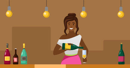 Girl pours champagne into glass. Afro american lady with drinks working in bar and mixing cocktailsのイラスト素材