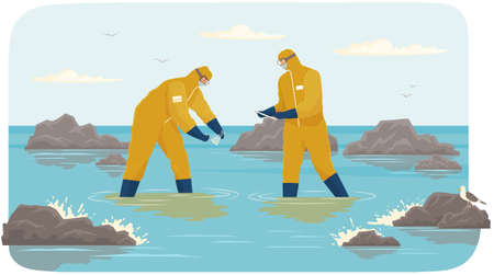Scientists in protective suits collect samples of contaminated water. People analyze state of ocean