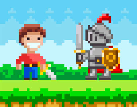 Brave man with sword fighting against pixel knight. Enemy attacks human. Meadow and nature landscapeのイラスト素材