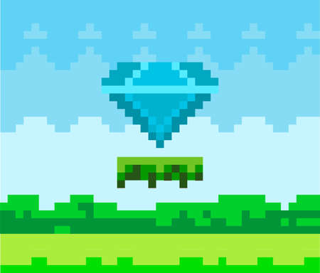 Vector pixel diamond. Pixel-game blue stone on grass platform in natural landscape backgroundのイラスト素材