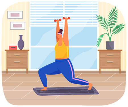Plump girl in tracksuit stands on sports mat. Overweight woman with dumbbells go in for sportsのイラスト素材