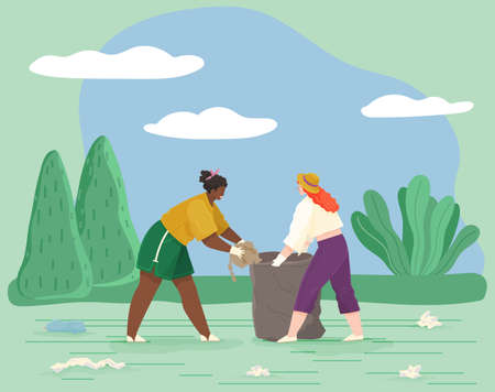 Girls remove paper waste from meadow or glade. Female characters throwing trash to rubbish bagのイラスト素材