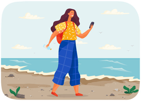 Female character with mobile phone walking on beach. Girl wearing backpack is traveling at seaのイラスト素材