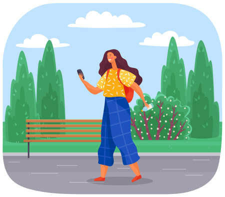 Female character with backpack and water bottle is walking in park. Girl is making photo during walkのイラスト素材