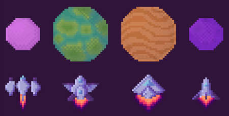 Collection of cosmic round objects above lined up rockets. Combat aircraft flying to planetsのイラスト素材