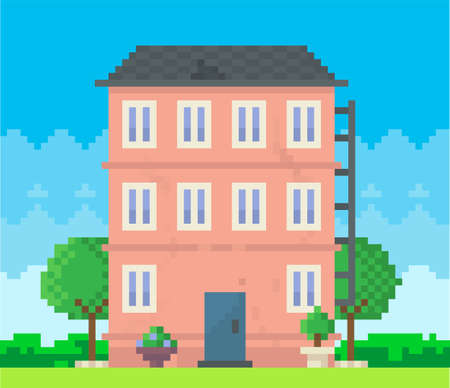 House surrounded by green spaces and plants. Building with many windows for pixel game designのイラスト素材