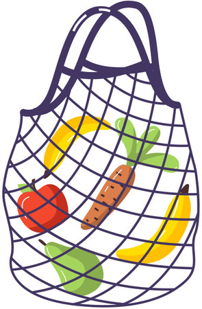 String bag with vegetables and fruits. Eco-friendly container for carrying items while shoppingのイラスト素材