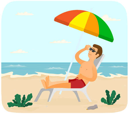 Smiling guy is sitting in sun lounger under umbrella and tanning. Man is sunbathing at resortのイラスト素材