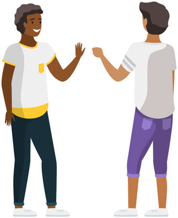 Two young people speaking together. Scene of dialogue between men. Multinational guys are discussingのイラスト素材