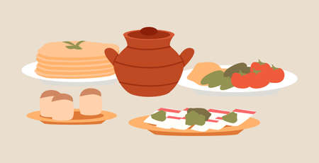 Ukrainian cuisine dishes vector illustration. Local food emblem. Lard, borscht and pancakes platesのイラスト素材