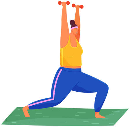 Fat woman training with dumbbells at home. Obese, fat, chubby woman doing weightlifting exercisesのイラスト素材