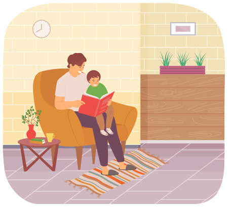 Father in armchair reading book to his son. Boy smiling and sitting on his dad s lap in living roomのイラスト素材