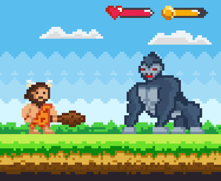 Pixelated natural landscape with warrior primitive man holding club fighting against big gorillaのイラスト素材