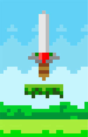 Sword game pixelated icon vector illustration design. Object of cold steel arms, ancient defense. Knight s steel sharp blade with golden handle minimalistic pixel graphic in natural landscape sceneのイラスト素材