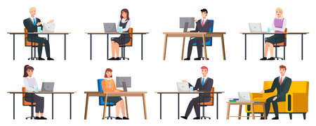 Office workers. Co-workers. Colleagues discuss project teamwork. Office staff work and communicationのイラスト素材