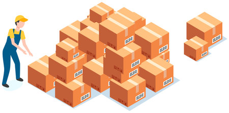 Worker wearing work clothes reloading boxes from stack. Cardboard parcels for shipment from chinaのイラスト素材