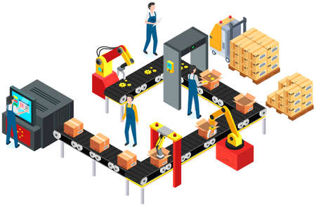 Man puts parcels in cardboard boxes. Conveyor with gears, spare parts passing through metal detectorのイラスト素材