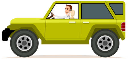 Bearded guy is driving vehicle and using his smartphone. Crossover, SUV, cross country car, jeepのイラスト素材