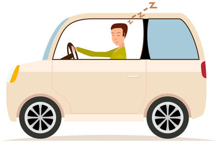 Driver fell asleep while sitting in passenger car. Happy young man is sleeping in beige carのイラスト素材