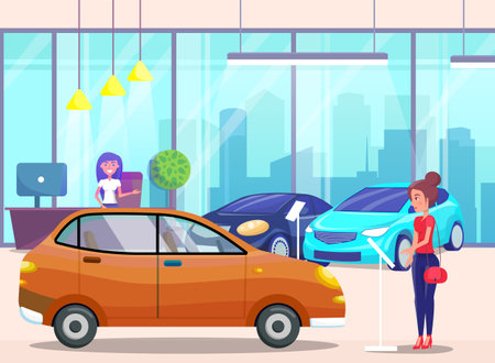 Car center, woman customer buyer choosing automobile in store. Female character examines transportのイラスト素材