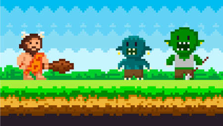 Brave caveman with baton fighting against monsters. Zombie attacks human, apocalypse pixel scene