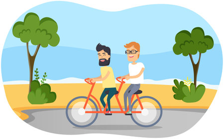 Men in tandem pedal. Guys on bike for two are riding. People walking and talking outdoor in parkのイラスト素材