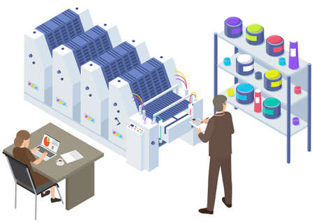 People working with equipment and shelving with paints. Office technique vector illustrationのイラスト素材