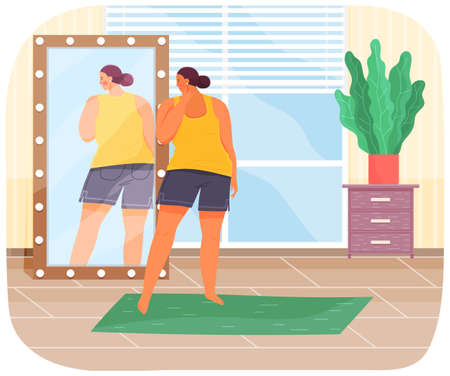 Woman in sportswear looking at reflection in mirror. Unhappy plump girl standing in front of mirrorのイラスト素材
