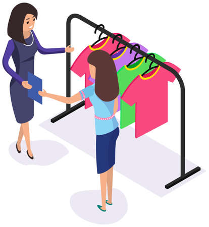 Woman communicating with consultant in shop while shopping. Clothes on hanger for sale in storeのイラスト素材