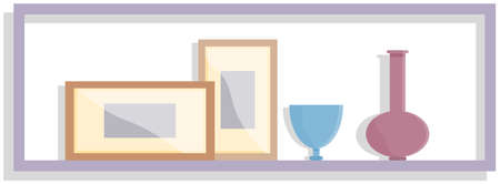 Wooden shelf at wall with decorative elements. Decor for home. Picture frame with glass vasesのイラスト素材