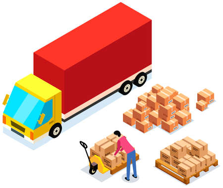 Mover puts boxes with parcels into wagon. Loading car before shipping. China delivery truckのイラスト素材