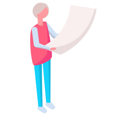 Cartoon character reads, looks at sheet of paper and controls. Person stands with whatmanのイラスト素材