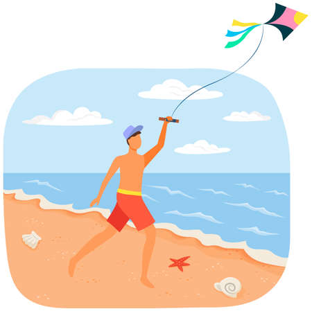 Male character with flying wind kite in white frame. Summer vacation concept. Boy running after toyのイラスト素材