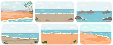 Set of illustrations with sea landcapes. Coastline with ocean and waves vector illustrationのイラスト素材