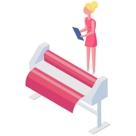 Isometric factory printer. Girl working with equipment. Installation for printing colored papersのイラスト素材