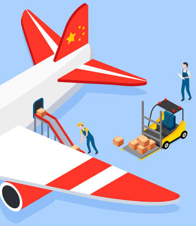 Man puts boxes on conveyor belt in airplane. Loading packages and containers into cargo aircraftのイラスト素材