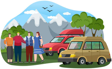 Friends come by trucks to mountains. Hikers or tourist spend time together in natural landscapeのイラスト素材