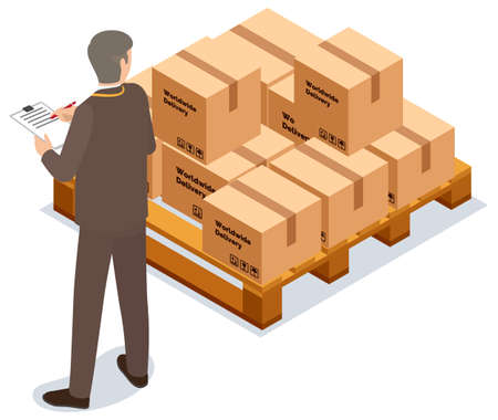 Worldwide sales concept. Worker loading boxes on carrier. Man holding box, put it on stackのイラスト素材