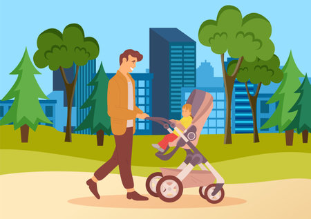 Young father walking with baby stroller in city park. Dad spend time with his son ourdoorsのイラスト素材