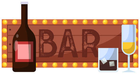 Bar inscription on sign with pink background and lights next to bottles and alcoholic cocktailsのイラスト素材