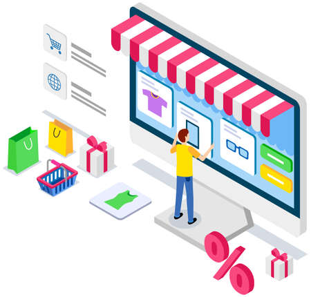 Man using application for buying and ordering goods via Internet. Monitor with sales websiteのイラスト素材