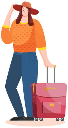 Woman tourist with rolling suitcases. Person with suitcase engaged in tourism goes on tourのイラスト素材
