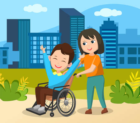 Teen couple walking and talking outdoor in park. Girl pushes wheelchair. Disabled man on walkのイラスト素材