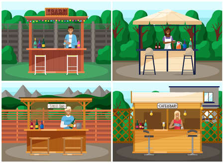 Drinking coffee and eating in street cafe. Friends meeting. Crowded outdoor restaurant or bar in cityのイラスト素材