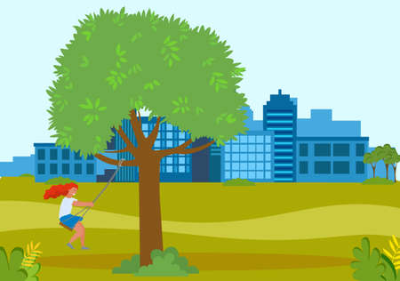 Happy cartoon girl rides rope swing on tree branch, playing in playground on backyard in cityscapeのイラスト素材